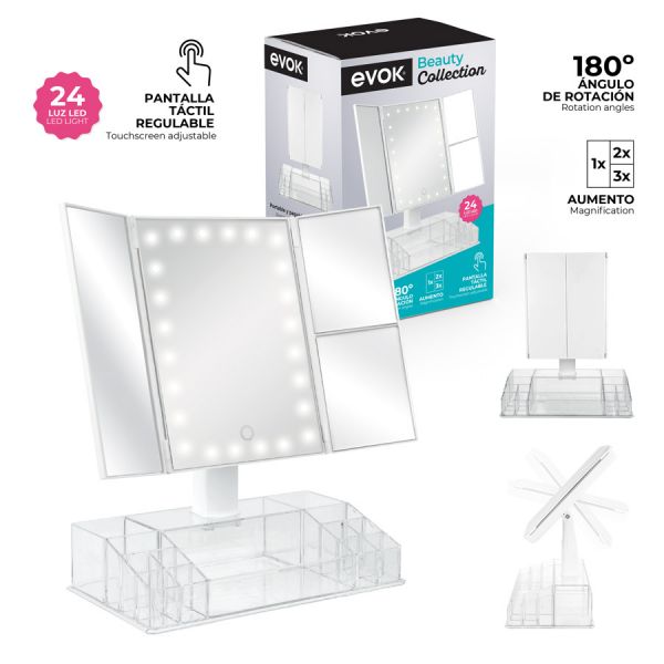 [EV-CY036] ESPEJO 1X 2X 3X CON LUZ LED 24 W Y ORGANIZADOR ACRILICO